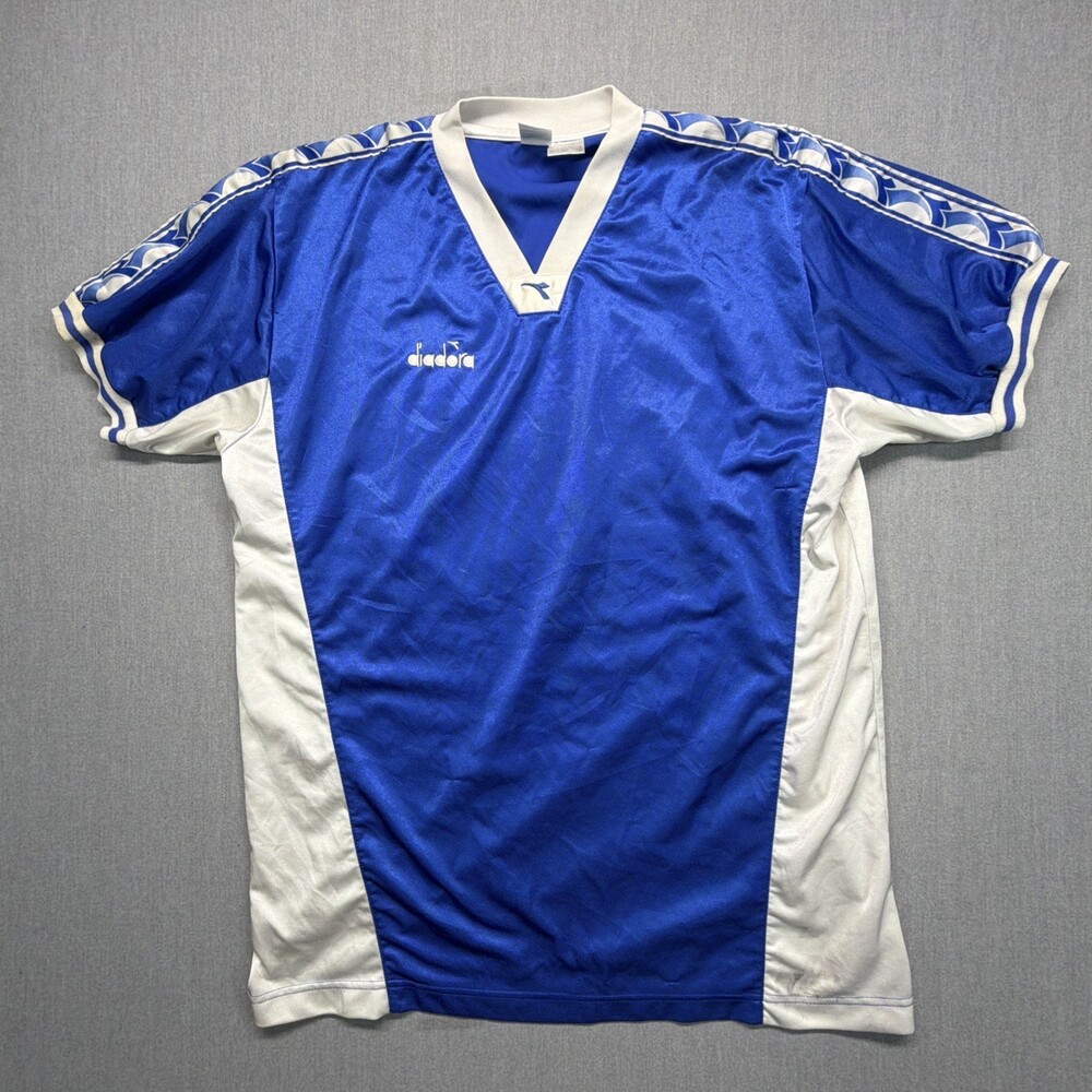 Vintage Diadora Football Jersey XL Blue White Soccer Sports 80s 90s